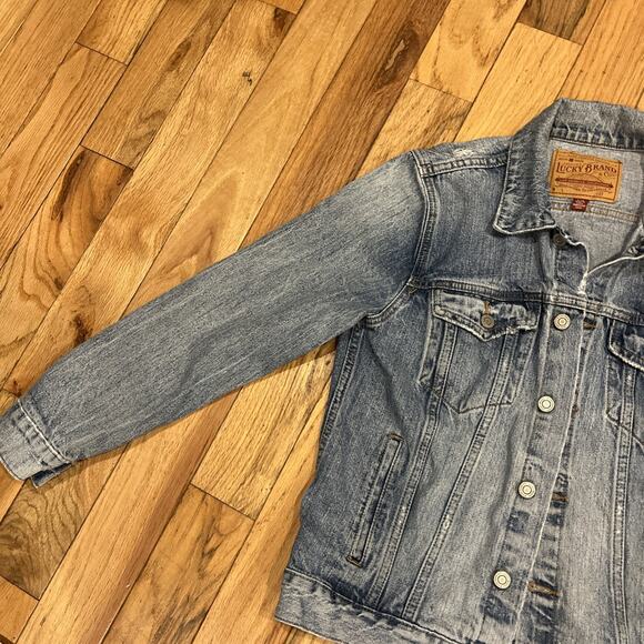 Lucky Brand Jean Jacket Tomboy Trucker Button Front Distressed Women Size Large - Picture 2 of 13